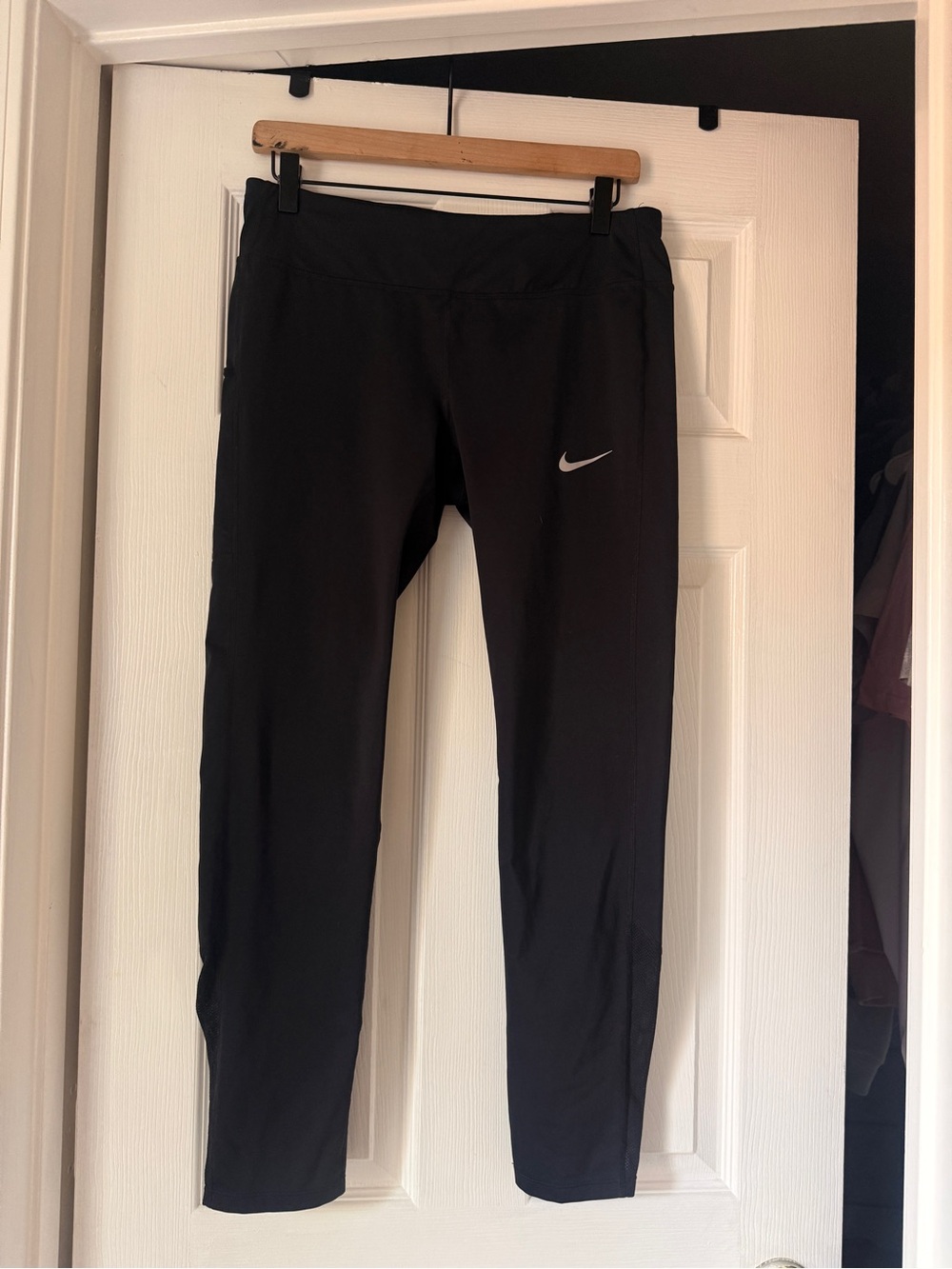 Nike Black Athletic Running Leggings with White Swoosh Mesh Sides L